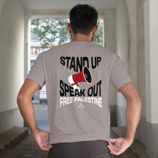 Free Palestine- speak out - statement tee in heather grey with black and white text
