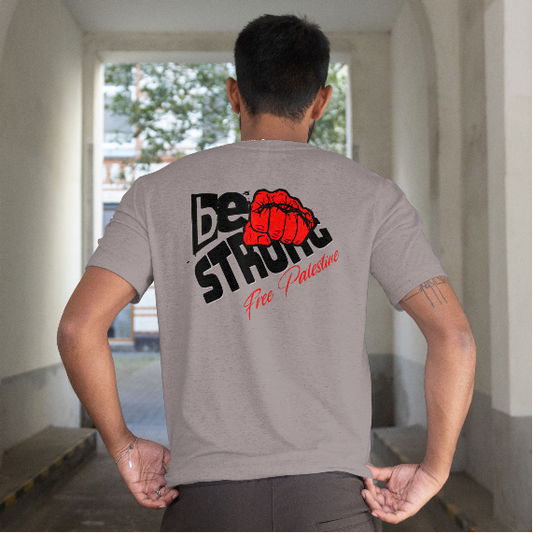 Free Palestine tee shirt in heather grey - with be strong graphic design