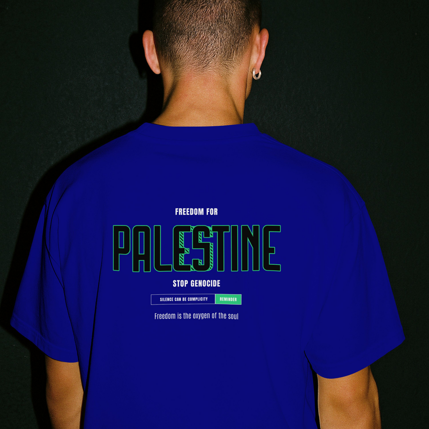 Freedom for Palestine men’s graphic T-shirt in royal blue