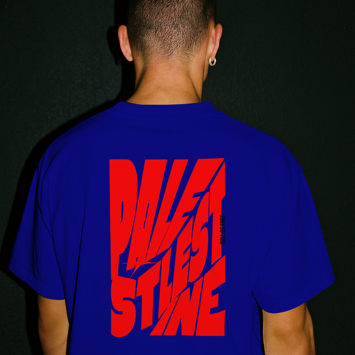 Palestine tee in royal blue with red bold text