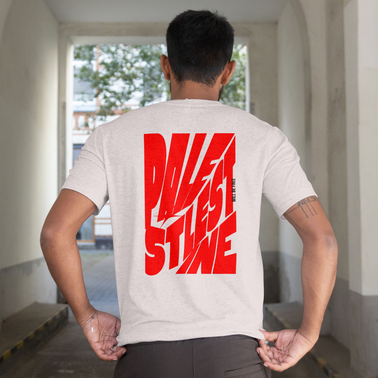 Palestine tee in sport grey with red bold text