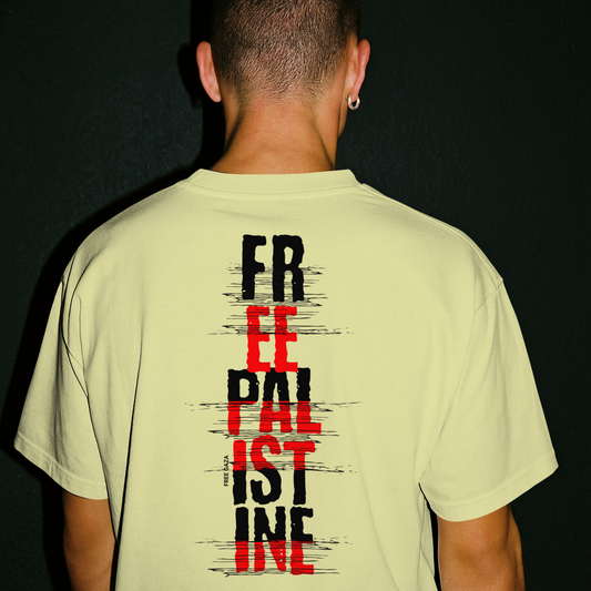 Free Palestine- vertical statement tee in off white, with red and black design