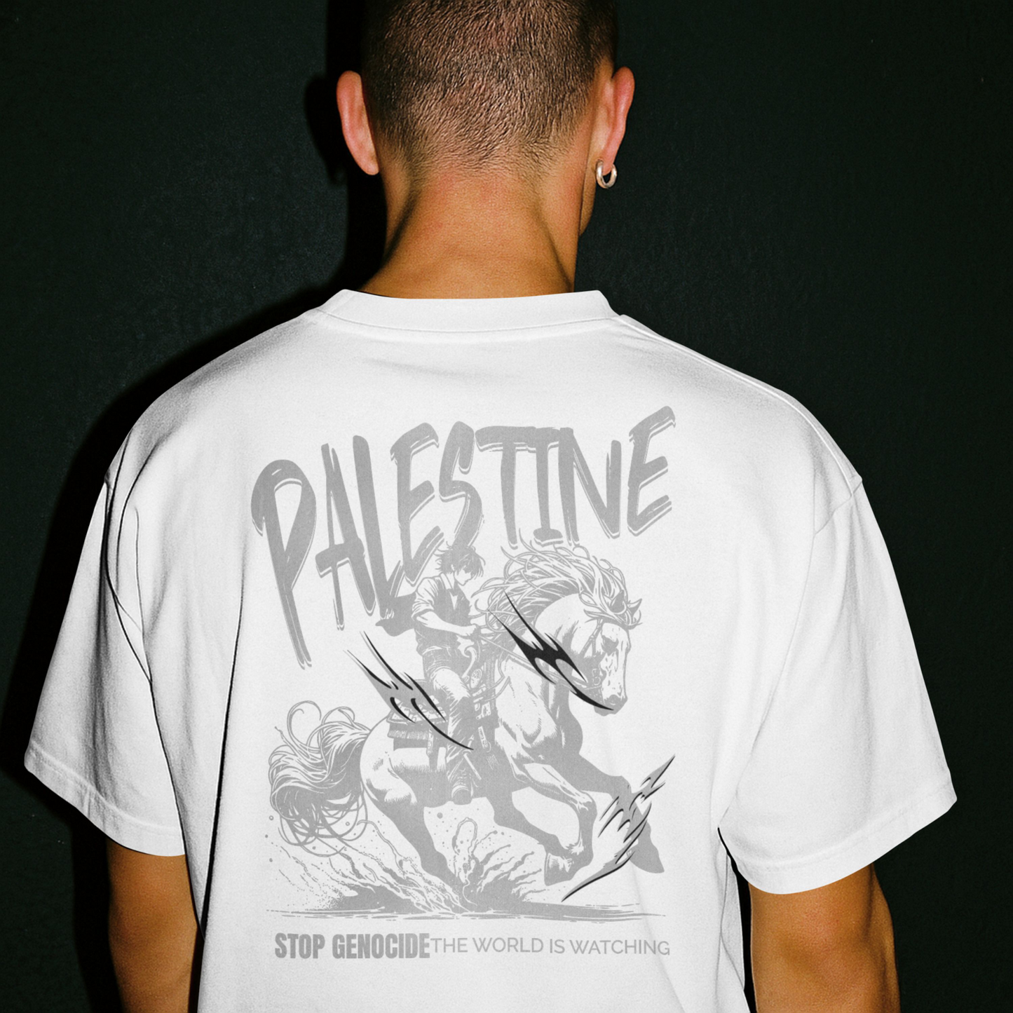 Free Palestine tee in white with silver horse graphic design