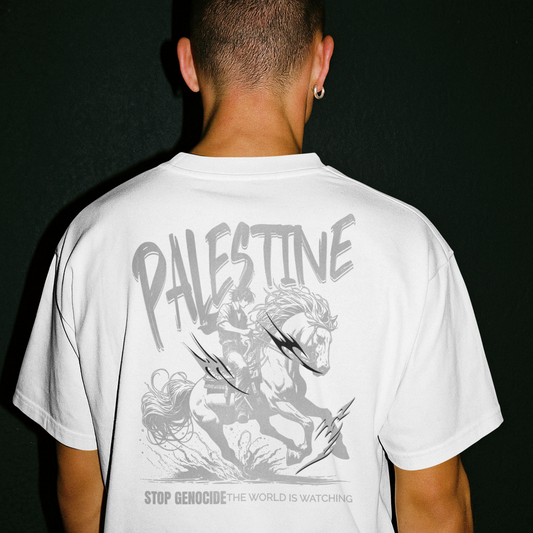 Free Palestine tee in white with silver horse graphic design