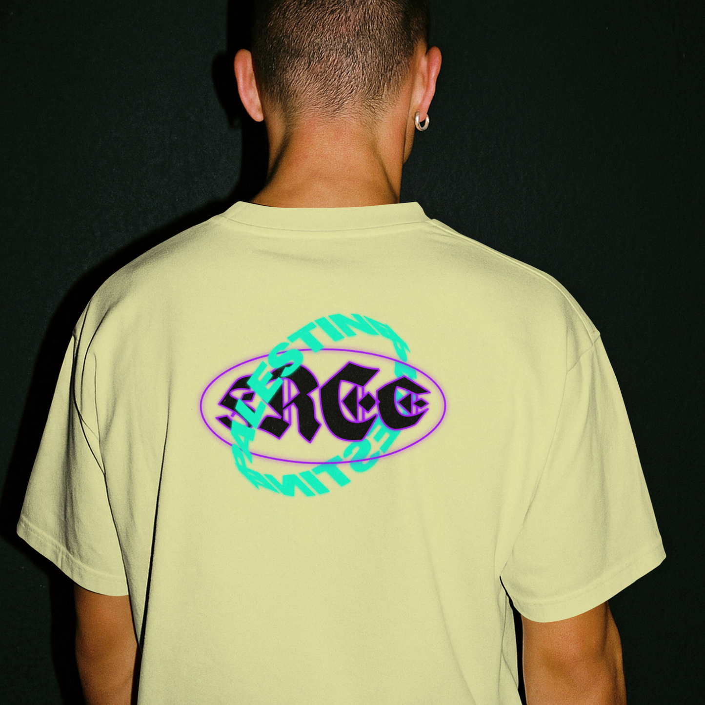 Free Palestine- Distorted Text Graphic Tee in off white (green +purple)