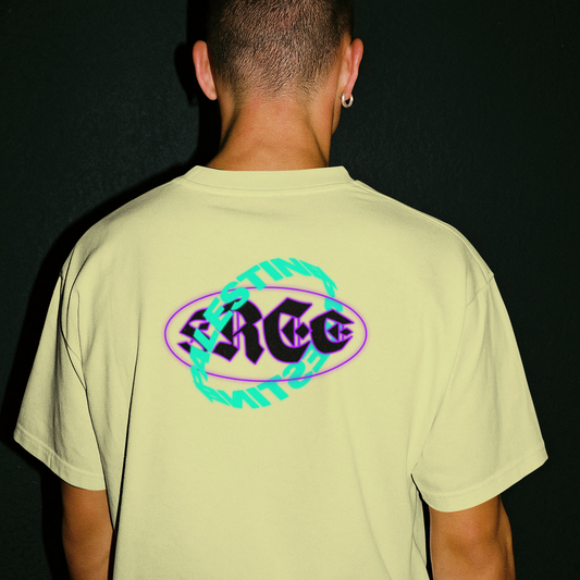 Free Palestine- Distorted Text Graphic Tee in off white (green +purple)