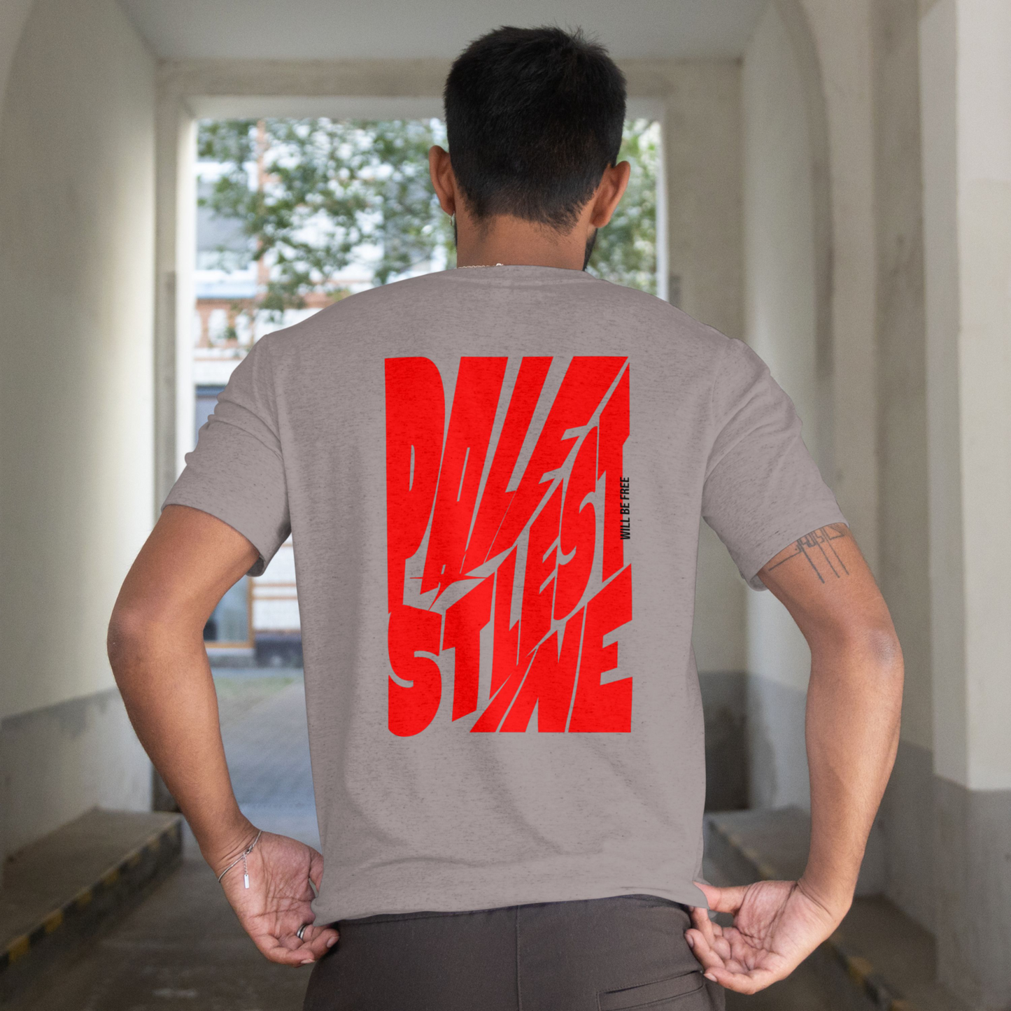 Palestine tee in graphite heather with red bold text