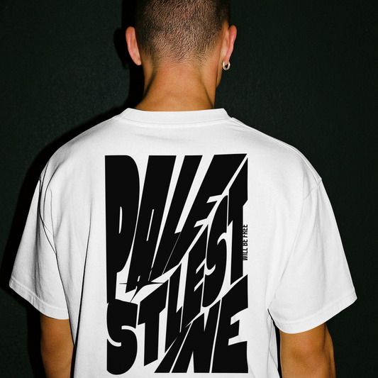 Palestine tee in white with black bold text