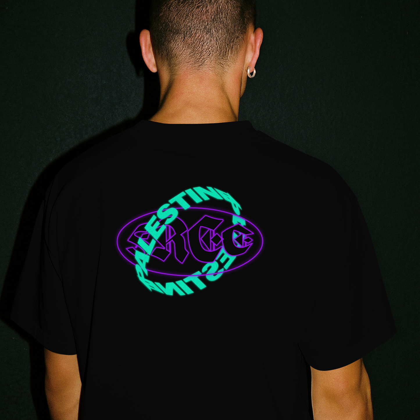Free Palestine- Distorted Text Graphic Tee in black (Green + Purple)