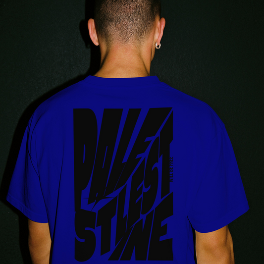 Palestine tee in royal blue with black bold text