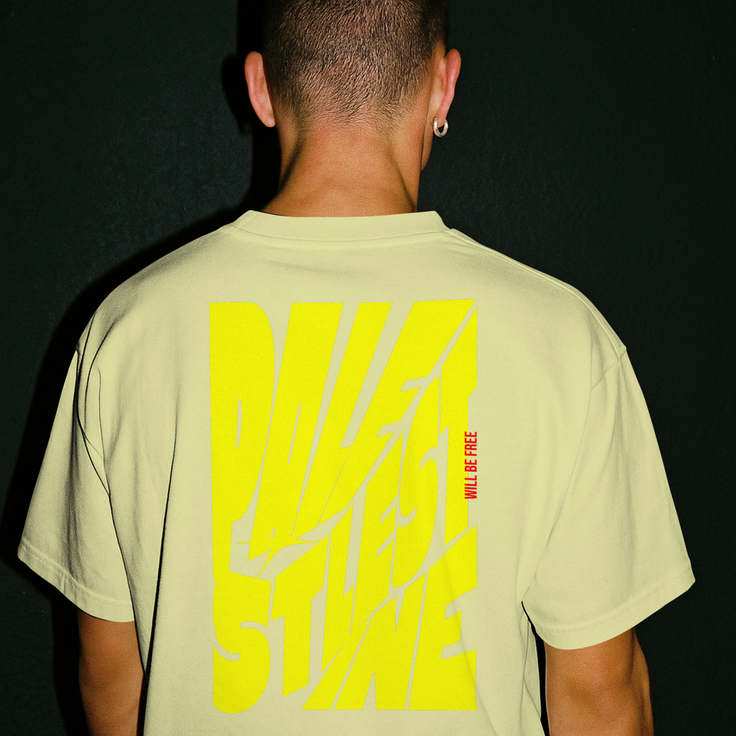 Palestine tee in off with with yellow bold text