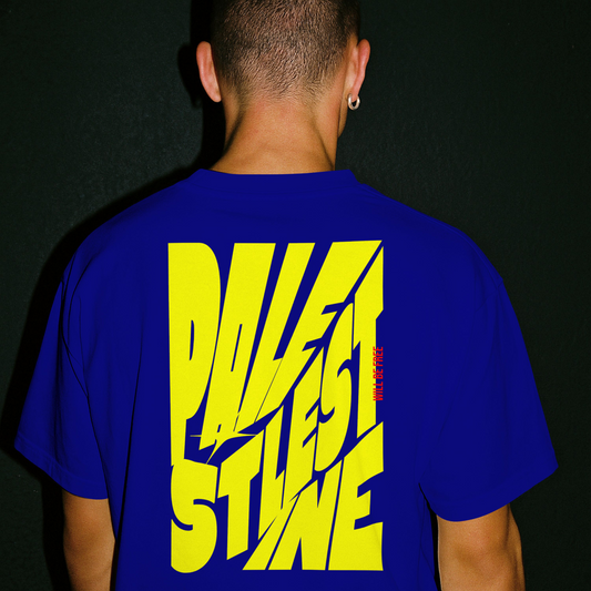 Palestine tee in royal blue with yellow bold text