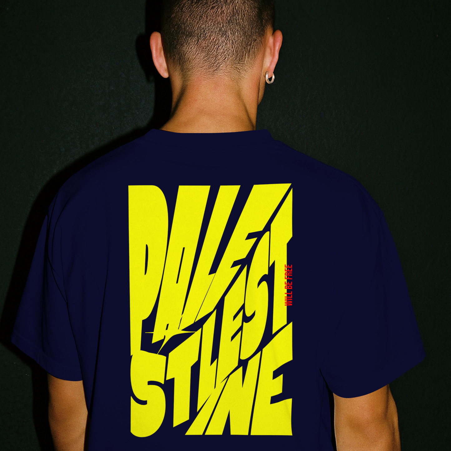 Palestine tee in navy with yellow bold text
