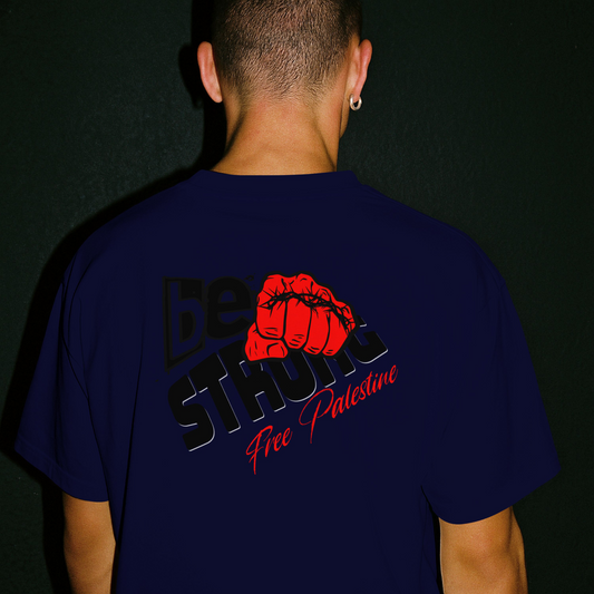 Free Palestine tee shirt in navy with black and red graphic design