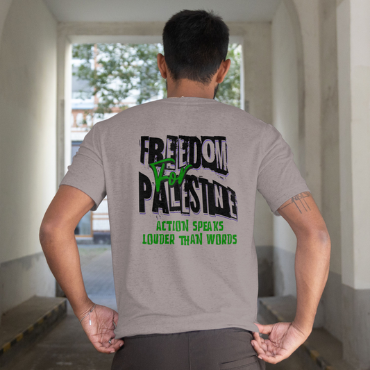 Freedom for Palestine tee in graphite heather with black and green text