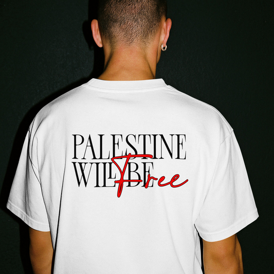 Stand for justice - Palestine will be free T-shirt- white (red and black text)