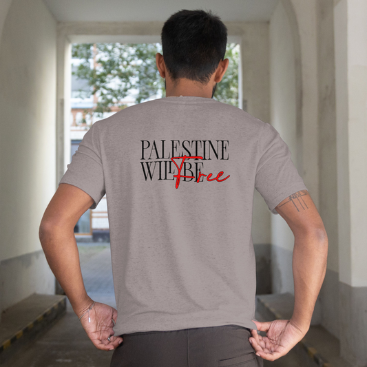 Stand for justice- Palestine will be free T-shirt- Graphite Heather ( Black and red text)
