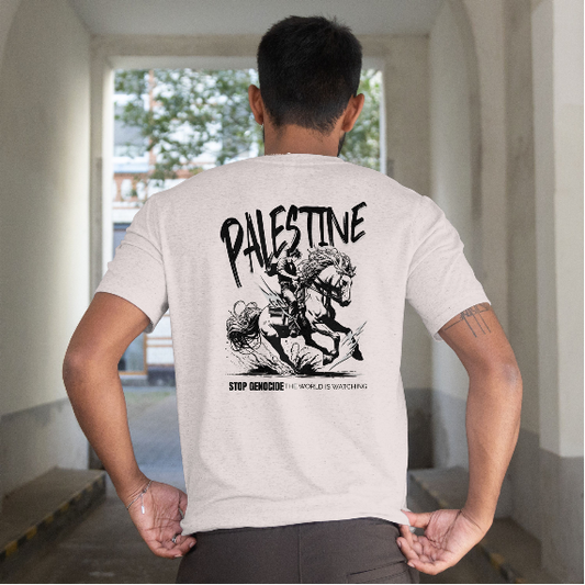 Free Palestine tee in grey with black horse graphic design