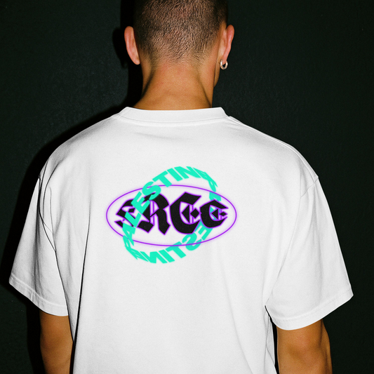 Free Palestine- Distorted Text Graphic Tee in white (Green +Purple)