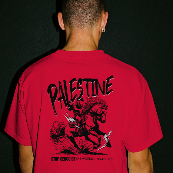 Free Palestine tee in red- with black horse graphic design