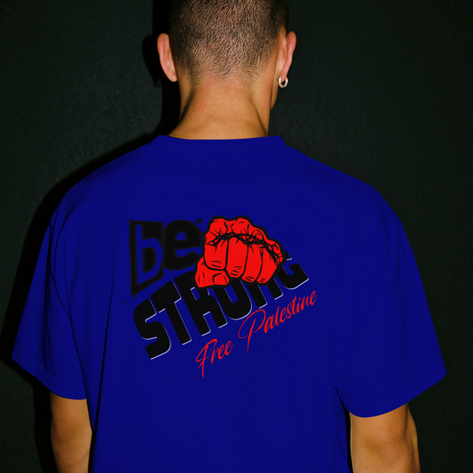 Free Palestine tee shirt in royal blue- with black and red graphic design